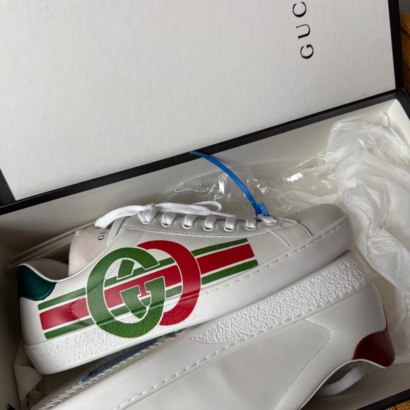 Gucci White Leather Ace Green Red GG Logo Low Top Sneakers SZ Mens 7.5 - Picture 1 of 6